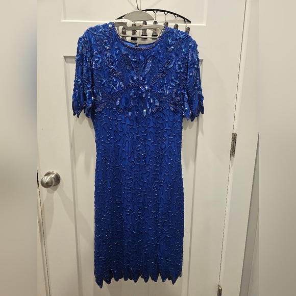 Vintage SWE ELO Royal Blue Sequin Beaded Cocktail Dress Short Sleeve Scallop Hem - Picture 1 of 12